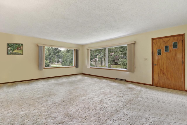 unfurnished living room featuring carpet, a healthy amount of sunlight, and a textured ceiling