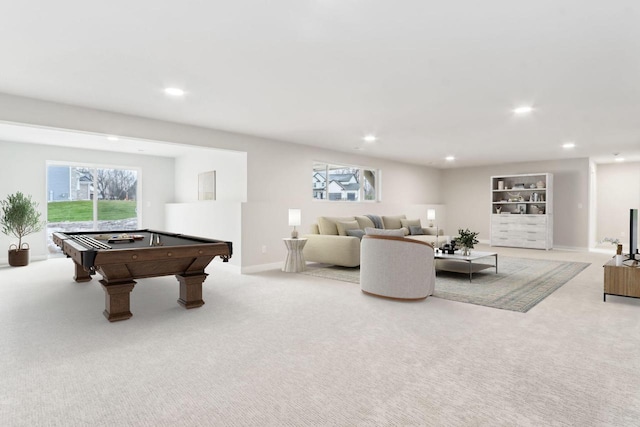 rec room featuring baseboards, pool table, recessed lighting, and light colored carpet