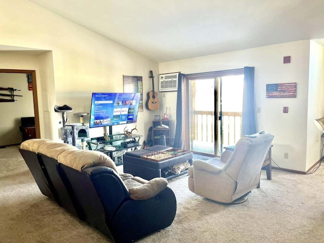 carpeted living room featuring vaulted ceiling and an AC wall unit