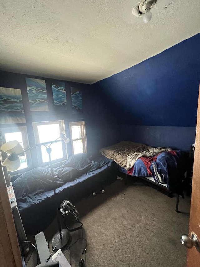 unfurnished bedroom with carpet flooring, lofted ceiling, and a textured ceiling