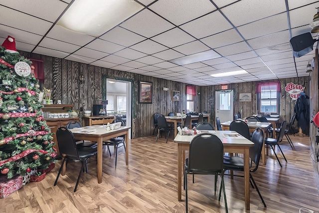 dining room featuring a paneled ceiling, wood-type flooring, and wooden walls