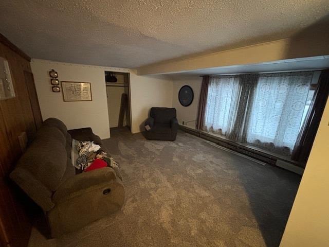 carpeted living room with a textured ceiling