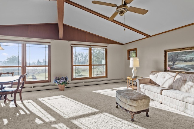 living room with vaulted ceiling with beams, ceiling fan, light carpet, and a baseboard heating unit