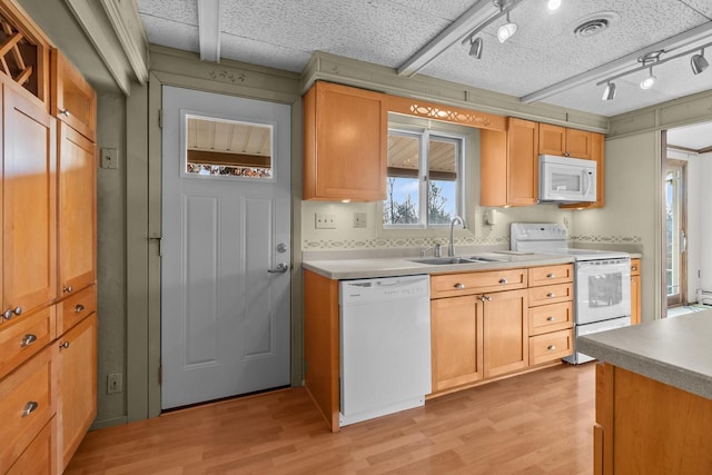 kitchen with sink, tasteful backsplash, light hardwood / wood-style flooring, track lighting, and white appliances