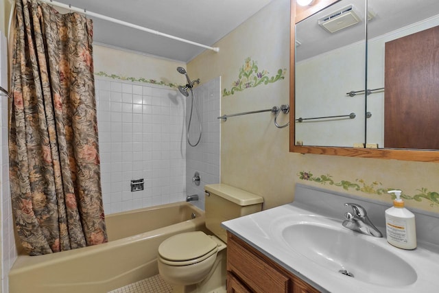 full bathroom featuring shower / bath combination with curtain, vanity, and toilet