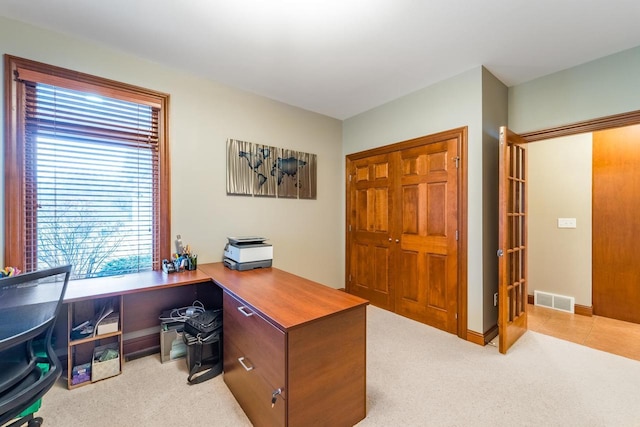 view of carpeted home office