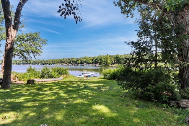 view of yard featuring a water view and a dock