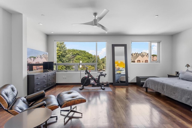 bedroom with multiple windows, ceiling fan, and hardwood / wood-style floors