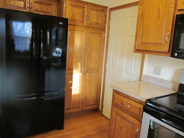 kitchen featuring light hardwood / wood-style floors and black appliances