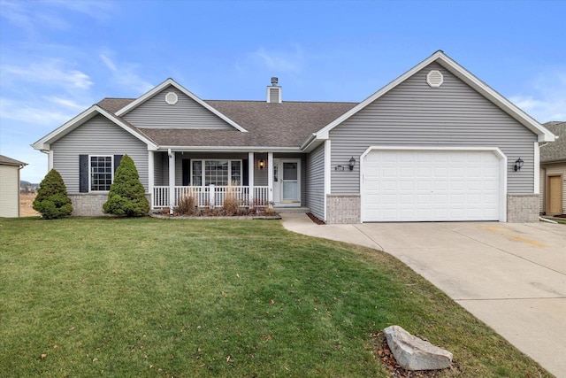 ranch-style house with covered porch, a front yard, and a garage