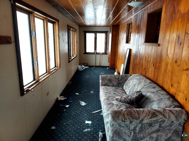 carpeted living room featuring wooden walls and wood ceiling