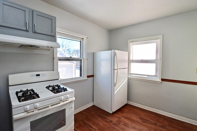 kitchen with gray cabinetry, dark hardwood / wood-style floors, and white appliances