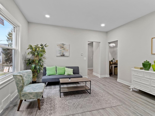 living room featuring light wood-type flooring and a healthy amount of sunlight