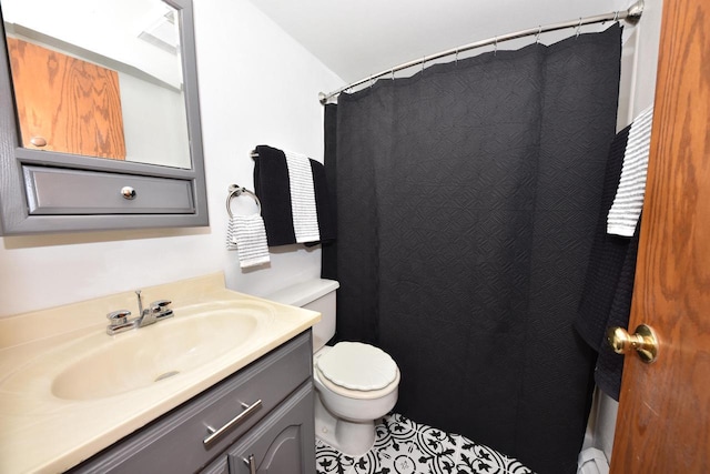 bathroom featuring vanity, tile patterned floors, toilet, a baseboard radiator, and curtained shower