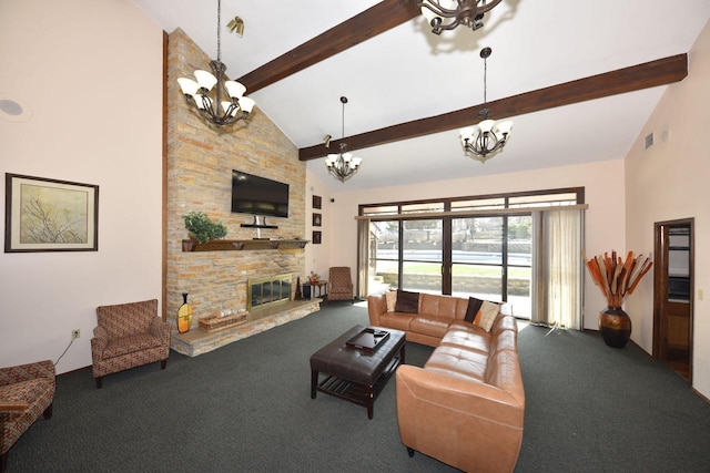 living room with beam ceiling, high vaulted ceiling, a fireplace, carpet floors, and a chandelier