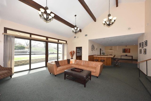 living room featuring beamed ceiling, carpet flooring, high vaulted ceiling, and a wealth of natural light