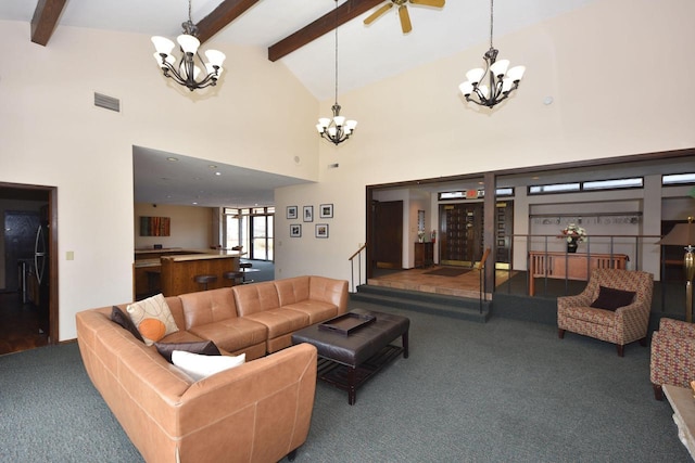 carpeted living room with ceiling fan, beamed ceiling, and high vaulted ceiling