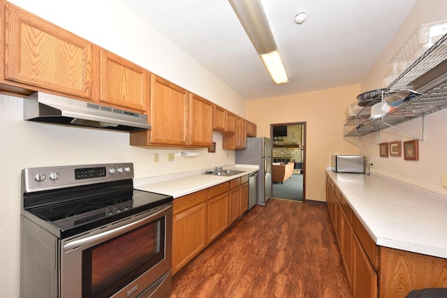 kitchen featuring ventilation hood, sink, dark wood-type flooring, and appliances with stainless steel finishes