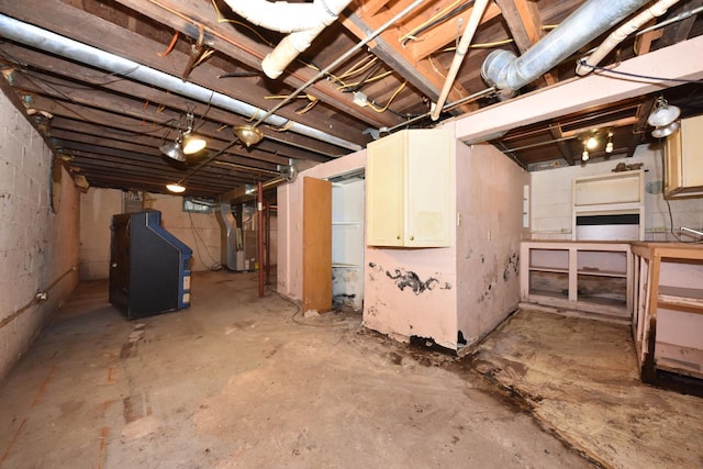 basement featuring heating unit