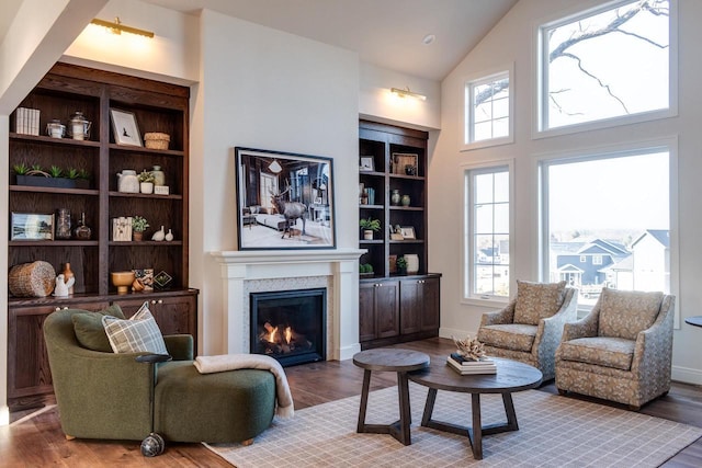 living room with high vaulted ceiling, built in features, and light hardwood / wood-style floors