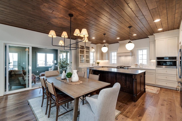 dining area featuring wood ceiling and dark hardwood / wood-style floors