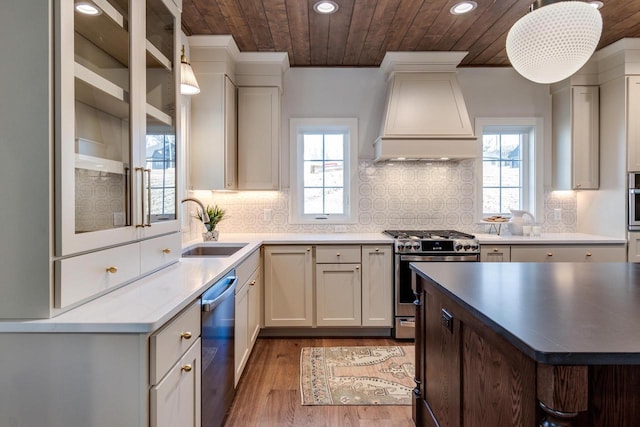 kitchen featuring stainless steel appliances, sink, pendant lighting, and custom range hood