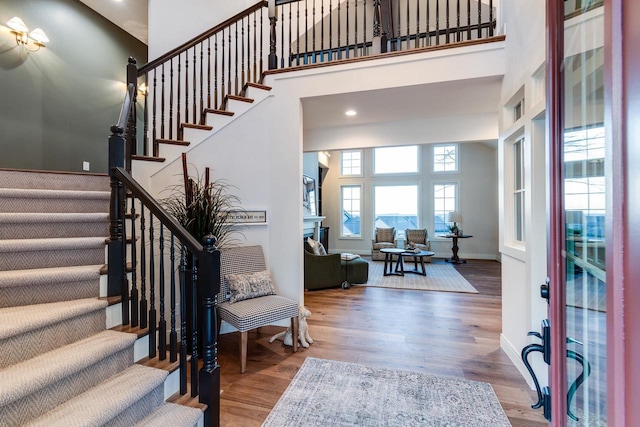 entrance foyer with a high ceiling and hardwood / wood-style flooring