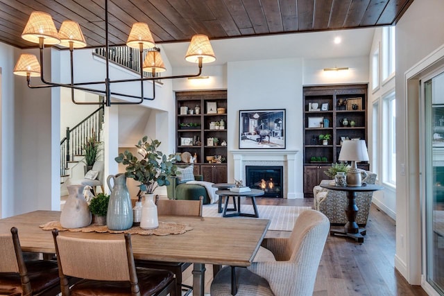 dining space with wood ceiling, wood-type flooring, a chandelier, and built in features