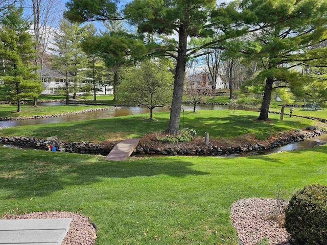 surrounding community featuring a water view and a yard