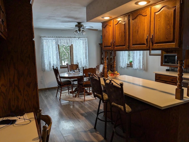 kitchen featuring dark hardwood / wood-style flooring and ceiling fan