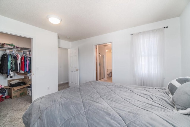 bedroom with a spacious closet, carpet floors, a textured ceiling, and a closet