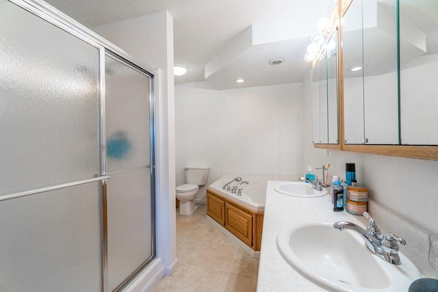 full bathroom featuring tile patterned flooring, toilet, sink, and independent shower and bath