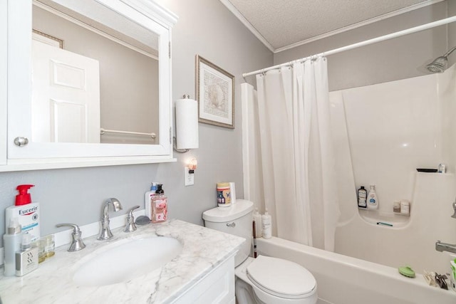 full bathroom featuring crown molding, a textured ceiling, toilet, shower / bath combo with shower curtain, and vanity