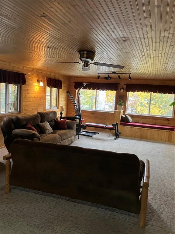 carpeted living room featuring wood walls, rail lighting, wooden ceiling, and ceiling fan