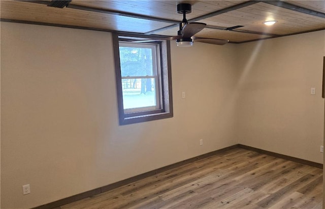 empty room with hardwood / wood-style floors and wooden ceiling