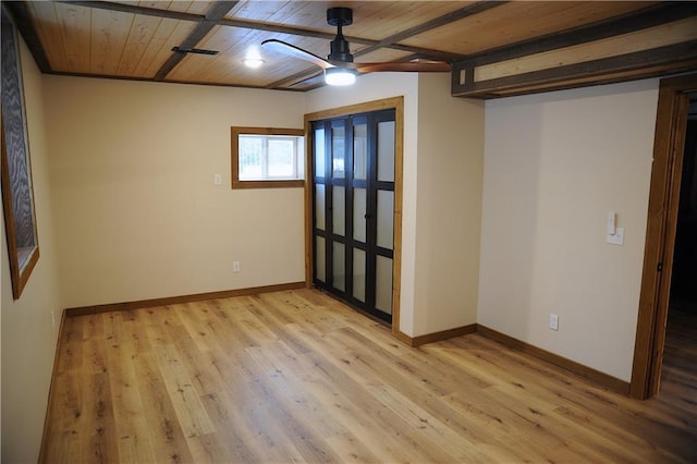 empty room with ceiling fan, wood ceiling, and light wood-type flooring