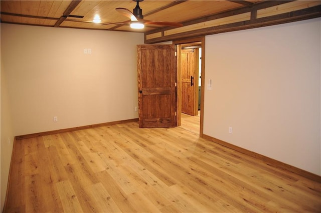 spare room featuring light hardwood / wood-style flooring, ceiling fan, and wood ceiling