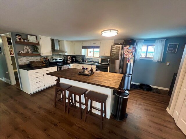 kitchen featuring sink, wall chimney exhaust hood, wood counters, white cabinets, and appliances with stainless steel finishes