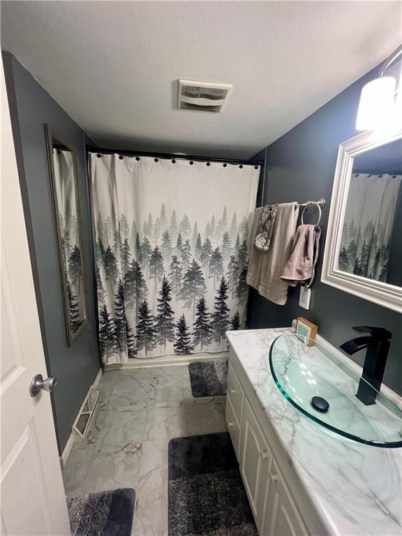 bathroom featuring a textured ceiling, vanity, and a shower with curtain