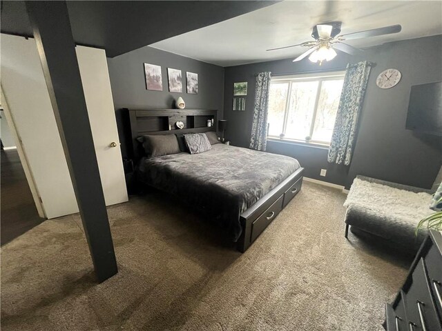 bedroom featuring ceiling fan and carpet floors