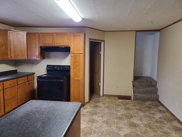 kitchen with ornamental molding and black / electric stove