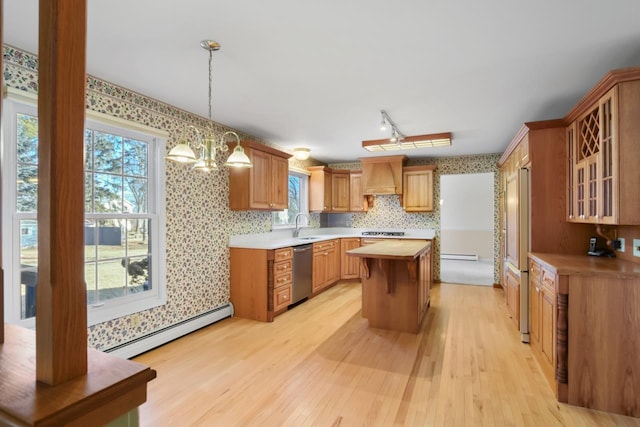 kitchen featuring premium range hood, stainless steel appliances, a baseboard radiator, a center island, and light hardwood / wood-style floors