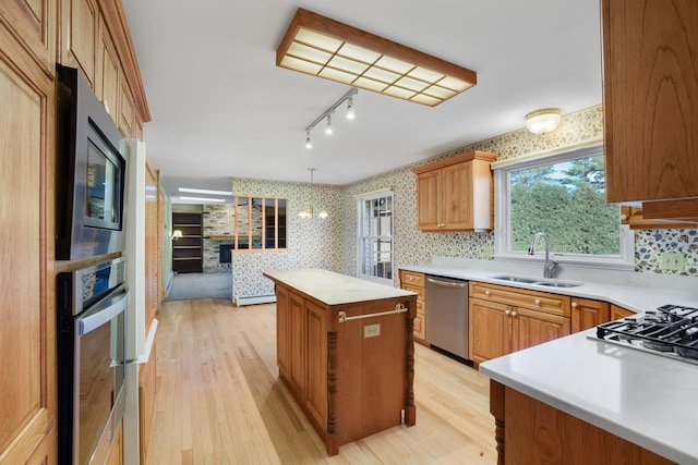 kitchen featuring a kitchen island, sink, light wood-type flooring, and stainless steel appliances