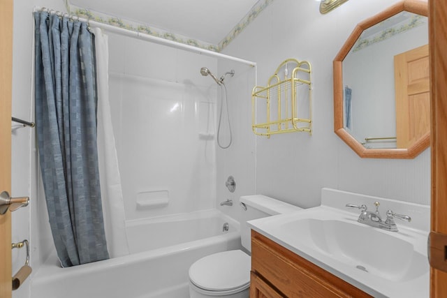 full bathroom featuring shower / bath combination with curtain, vanity, and toilet