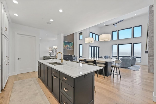 kitchen featuring light stone countertops, an island with sink, light hardwood / wood-style flooring, and sink