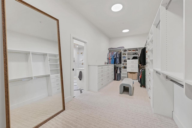 spacious closet featuring light colored carpet