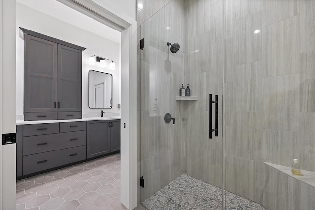 bathroom featuring tile patterned flooring, vanity, and walk in shower