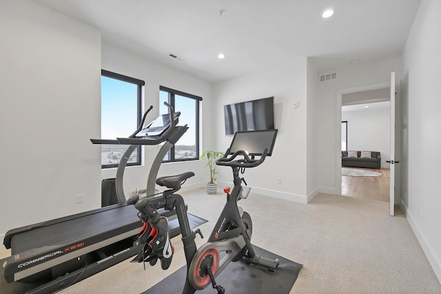 exercise area with light colored carpet