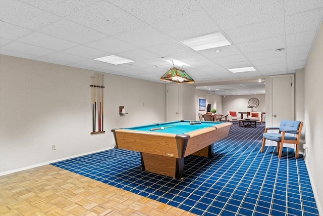 recreation room with a drop ceiling and billiards