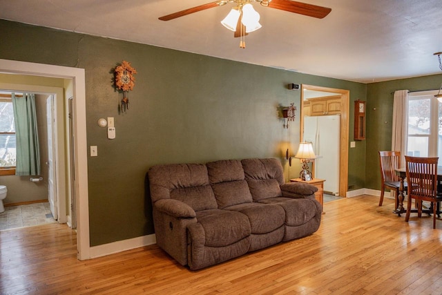 living room featuring ceiling fan and light hardwood / wood-style flooring